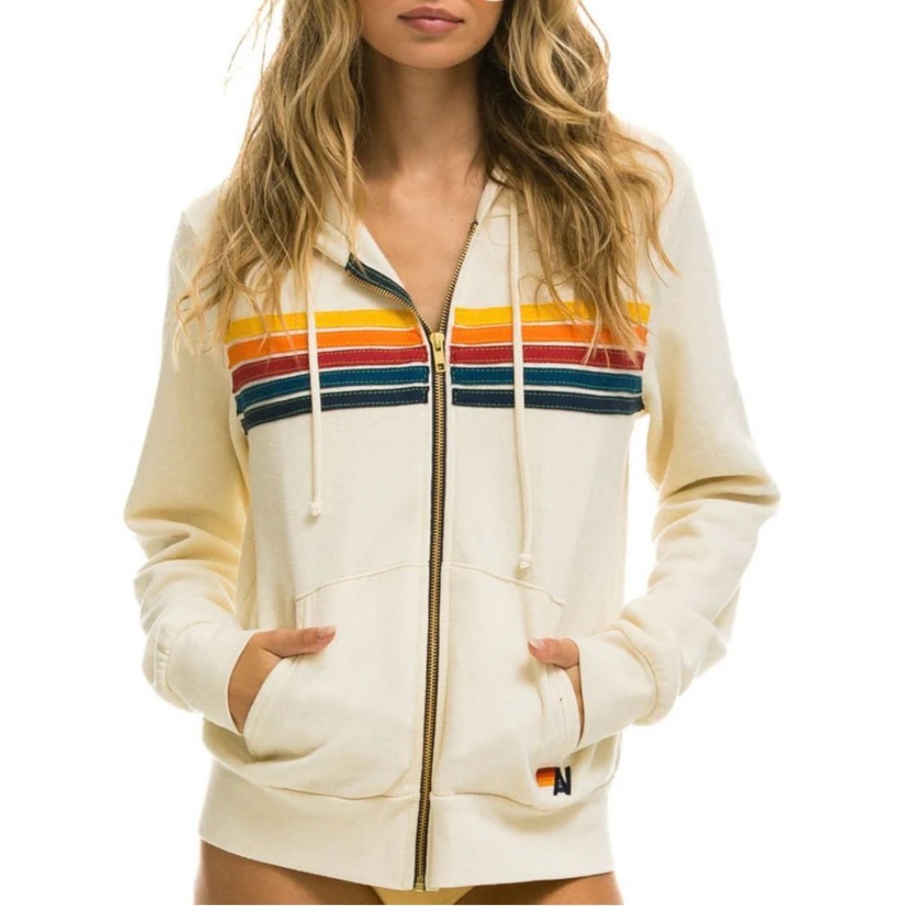 Aviator Nation Cream Hoodie with Rainbow Stripes